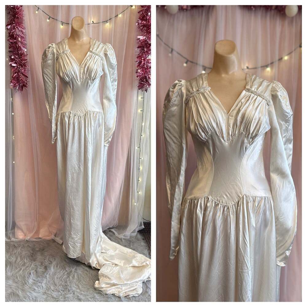Vintage 30s 40s Candlelight Satin Wedding Dress Cathedral Train Art Deco XS/S